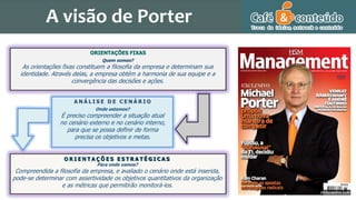 ORIENTAÇÕES FIXAS
Quem somos?
As orientações fixas constituem a filosofia da empresa e determinam sua
identidade. Através delas, a empresa obtém a harmonia de sua equipe e a
convergência das decisões e ações.
A N Á L I S E D E C E N Á R I O
Onde estamos?
É preciso compreender a situação atual
no cenário externo e no cenário interno,
para que se possa definir de forma
precisa os objetivos e metas.
O R I E N T A Ç Õ E S E S T R A T É G I C A S
Para onde vamos?
Compreendida a filosofia da empresa, e avaliado o cenário onde está inserida,
pode-se determinar com assertividade os objetivos quantitativos da organização
e as métricas que permitirão monitorá-los.
A visão de Porter
 