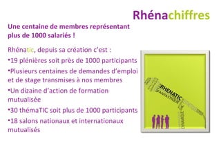 Rhéna chiffres Une centaine de membres représentant plus de 1000 salariés ! Rhéna tic , depuis sa création c’est :  19 plénières soit près de 1000 participants Plusieurs centaines de demandes d’emploi et de stage transmises à nos membres Un dizaine d’action de formation mutualisée 30 thémaTIC soit plus de 1000 participants 18 salons nationaux et internationaux mutualisés 