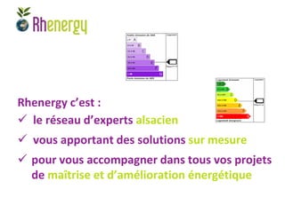 Rhenergy c’est :
 le réseau d’experts alsacien
 vous apportant des solutions sur mesure
 pour vous accompagner dans tous vos projets
  de maîtrise et d’amélioration énergétique
 
