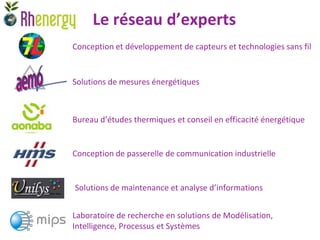 Le réseau d’experts
Conception et développement de capteurs et technologies sans fil


Solutions de mesures énergétiques



Bureau d’études thermiques et conseil en efficacité énergétique


Conception de passerelle de communication industrielle


Solutions de maintenance et analyse d’informations


Laboratoire de recherche en solutions de Modélisation,
Intelligence, Processus et Systèmes
 