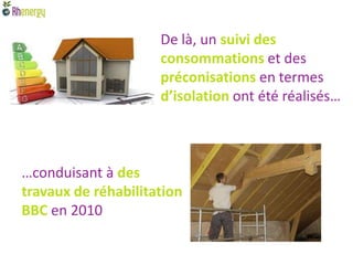 De là, un suivi des
                     consommations et des
                     préconisations en termes
                     d’isolation ont été réalisés…



…conduisant à des
travaux de réhabilitation
BBC en 2010
 