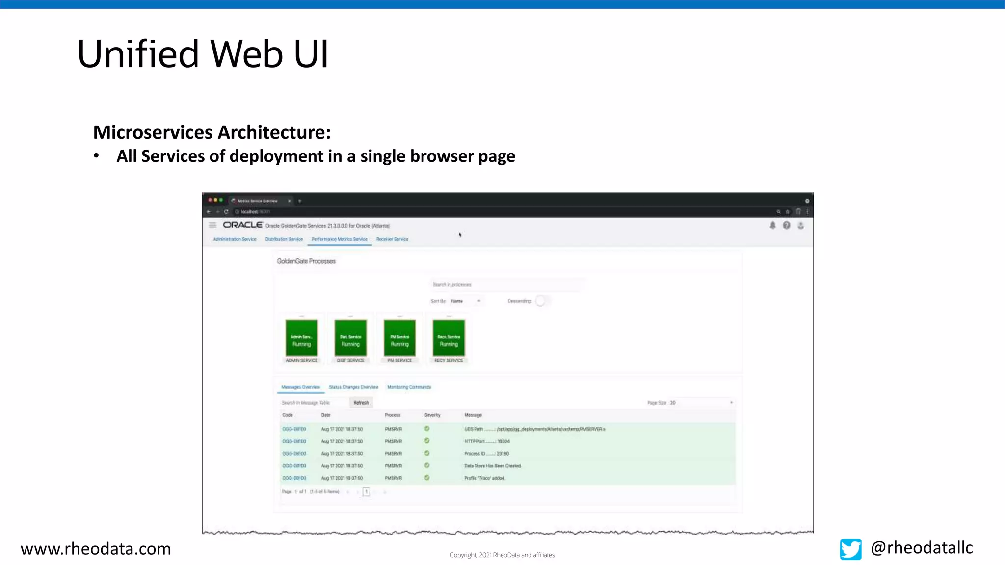 Copyright, 2021 RheoData and affiliates
www.rheodata.com @rheodatallc
Unified Web UI
Microservices Architecture:
• All Services of deployment in a single browser page
 
