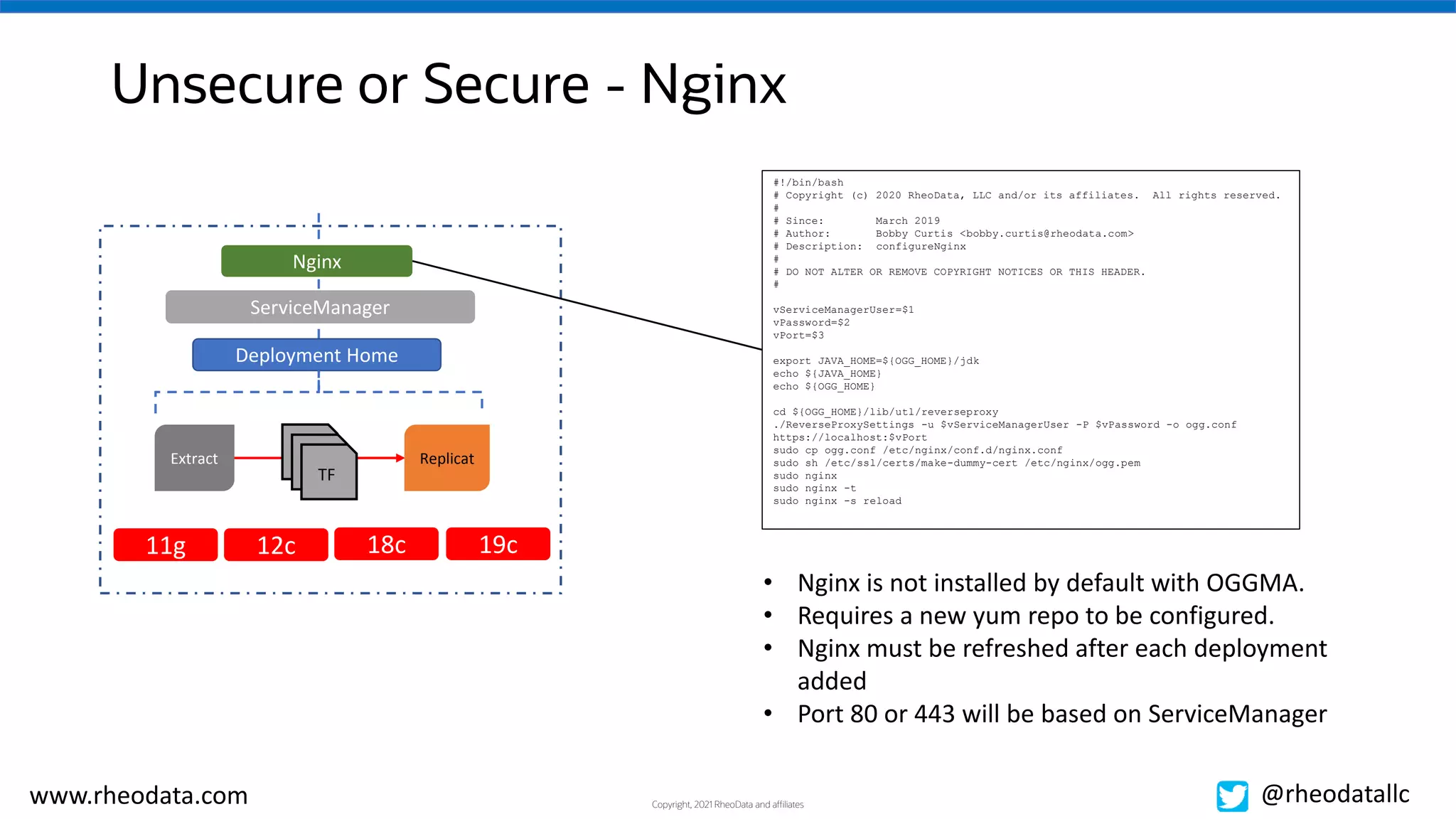Copyright, 2021 RheoData and affiliates
www.rheodata.com @rheodatallc
Unsecure or Secure - Nginx
ServiceManager
Deployment Home
TF
Nginx
Extract Replicat
11g 12c 19c
18c
#!/bin/bash
# Copyright (c) 2020 RheoData, LLC and/or its affiliates. All rights reserved.
#
# Since: March 2019
# Author: Bobby Curtis <bobby.curtis@rheodata.com>
# Description: configureNginx
#
# DO NOT ALTER OR REMOVE COPYRIGHT NOTICES OR THIS HEADER.
#
vServiceManagerUser=$1
vPassword=$2
vPort=$3
export JAVA_HOME=${OGG_HOME}/jdk
echo ${JAVA_HOME}
echo ${OGG_HOME}
cd ${OGG_HOME}/lib/utl/reverseproxy
./ReverseProxySettings -u $vServiceManagerUser -P $vPassword -o ogg.conf
https://localhost:$vPort
sudo cp ogg.conf /etc/nginx/conf.d/nginx.conf
sudo sh /etc/ssl/certs/make-dummy-cert /etc/nginx/ogg.pem
sudo nginx
sudo nginx -t
sudo nginx -s reload
• Nginx is not installed by default with OGGMA.
• Requires a new yum repo to be configured.
• Nginx must be refreshed after each deployment
added
• Port 80 or 443 will be based on ServiceManager
 