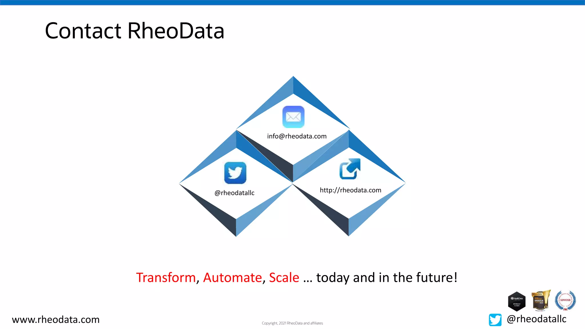 Copyright, 2021 RheoData and affiliates
www.rheodata.com @rheodatallc
Contact RheoData
info@rheodata.com
@rheodatallc http://rheodata.com
Transform, Automate, Scale … today and in the future!
 