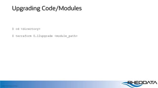 Copyright, 2020 RheoData and affiliates
Upgrading Code/Modules
$ cd <directory>
$ terraform 0.12upgrade <module_path>
 