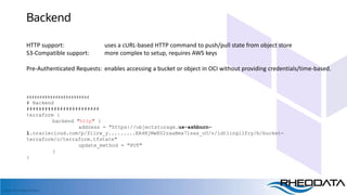 Copyright, 2020 RheoData and affiliates
Backend
########################
# Backend
########################
terraform {
backend "http" {
address = "https://objectstorage.us-ashburn-
1.oraclecloud.com/p/Zi1rw_y.........EA4HjMwEU2zaaBmx71sas_oU/n/idtlingilfcy/b/bucket-
terraform/o/terraform.tfstate"
update_method = "PUT"
}
}
HTTP support: uses a cURL-based HTTP command to push/pull state from object store
S3-Compatible support: more complex to setup, requires AWS keys
Pre-Authenticated Requests: enables accessing a bucket or object in OCI without providing credentials/time-based.
 