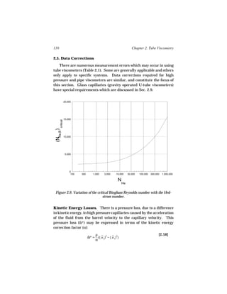110                                                                   Chapter 2. Tube Viscometry

2.5. Data Corrections
    There are numerous measurement errors which may occur in using
tube viscometers (Table 2.1). Some are generally applicable and others
only apply to specific systems. Data corrections required for high
pressure and pipe viscometers are similar, and constitute the focus of
this section. Glass capillaries (gravity operated U-tube viscometers)
have special requirements which are discussed in Sec. 2.9.


                  20,000




                  15,000
       critical
 (NRe,B )




                  10,000




                   5,000




                      0
                       100   300       1,000    3,000    10,000    30,000   100,000   300,000   1,000,000

                                                          N
                                                              He


 Figure 2.9. Variation of the critical Bingham Reynolds number with the Hed-
                                  strom number.


Kinetic Energy Losses. There is a pressure loss, due to a difference
in kinetic energy, in high pressure capillaries caused by the acceleration
of the fluid from the barrel velocity to the capillary velocity. This
pressure loss (δP ) may be expressed in terms of the kinetic energy
correction factor (α):
                                       ρ                                                    [2.58]
                                   δP = (( u 2)2 − ( u 1)2)
                                       α
 