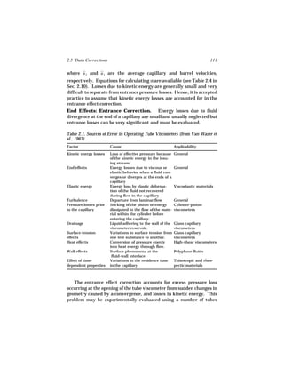 2.5 Data Corrections                                                              111

where u 2 and u 1 are the average capillary and barrel velocities,
respectively. Equations for calculating α are available (see Table 2.4 in
Sec. 2.10). Losses due to kinetic energy are generally small and very
difficult to separate from entrance pressure losses. Hence, it is accepted
practice to assume that kinetic energy losses are accounted for in the
entrance effect correction.
End Effects: Entrance Correction. Energy losses due to fluid
divergence at the end of a capillary are small and usually neglected but
entrance losses can be very significant and must be evaluated.

Table 2.1. Sources of Error in Operating Tube Viscometers (from Van Wazer et
al., 1963)
Factor                  Cause                                 Applicability
Kinetic energy losses   Loss of effective pressure because    General
                        of the kinetic energy in the issu-
                        ing stream.
End effects             Energy losses due to viscous or       General
                        elastic behavior when a fluid con-
                        verges or diverges at the ends of a
                        capillary
Elastic energy          Energy loss by elastic deforma-       Viscoelastic materials
                        tion of the fluid not recovered
                        during flow in the capillary
Turbulence              Departure from laminar flow           General
Pressure losses prior   Sticking of the piston or energy      Cylinder-piston
to the capillary        dissipated in the flow of the mate-   viscometers
                        rial within the cylinder before
                        entering the capillary.
Drainage                Liquid adhering to the wall of the    Glass capillary
                        viscometer reservoir.                 viscometers
Surface-tension         Variations in surface tension from    Glass capillary
effects                 one test substance to another.        viscometers
Heat effects            Conversion of pressure energy         High-shear viscometers
                        into heat energy through flow.
Wall effects            Surface phenomena at the              Polyphase fluids
                         fluid-wall interface.
Effect of time-         Variations in the residence time      Thixotropic and rheo-
dependent properties    in the capillary.                     pectic materials



   The entrance effect correction accounts for excess pressure loss
occurring at the opening of the tube viscometer from sudden changes in
geometry caused by a convergence, and losses in kinetic energy. This
problem may be experimentally evaluated using a number of tubes
 