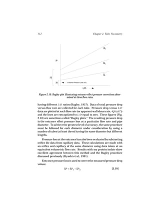 112                                                          Chapter 2. Tube Viscometry




                                                                      Q3




                 P
                                                                      Q2




                                                                      Q1
            P3


                  P
                  1
                             Entrance Pressure Loss at Q 1


                                                   L/D

 Figure 2.10. Bagley plot illustrating entrance effect pressure corrections deter-
                             mined at three flow rates.

having different L/D ratios (Bagley, 1957). Data of total pressure drop
versus flow rate are collected for each tube. Pressure drop versus L/D
data are plotted at each flow rate (or apparent wall shear rate, 4Q/(π R 3))
and the lines are extrapolated to L/D equal to zero. These figures (Fig.
2.10) are sometimes called "Bagley plots." The resulting pressure drop
is the entrance effect pressure loss at a particular flow rate and pipe
diameter. To achieve the greatest level of accuracy, the same procedure
must be followed for each diameter under consideration by using a
number of tubes (at least three) having the same diameter but different
lengths.
    Pressure loss at the entrance has also been evaluated by subtracting
orifice die data from capillary data. These calculations are made with
an orifice and capillary of the same diameter using data taken at an
equivalent volumetric flow rate. Results with soy protein isolate show
excellent agreement between this method and the Bagley procedure
discussed previously (Hyashi et al., 1991).
   Entrance pressure loss is used to correct the measured pressure drop
values:
                          δP = δPm − δPen                                    [2.59]
 