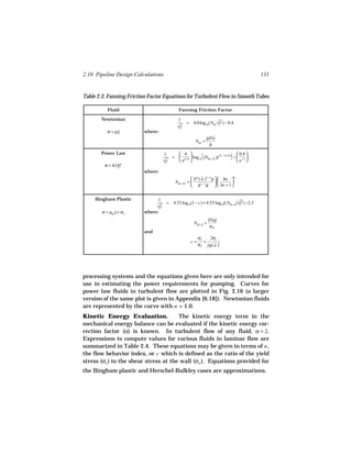 2.10 Pipeline Design Calculations                                                                  131


Table 2.3. Fanning Friction Factor Equations for Turbulent Flow in Smooth Tubes

           Fluid                             Fanning Friction Factor

       Newtonian                             1
                                                   = 4.0 log10(NRe √ f ) − 0.4
                                                                   
                                            
                                            √f
           σ = µγ
                ˙        where:
                                                                  ρDu
                                                          NRe =
                                                                   µ
       Power Law                    1       4                                           0.4 
                                         =  0.75  log10  (NRe, PL )f (1 − ( n /2)) −  1.2 
                                                                                    
                                    
                                    √f     n                                           n 
         σ = K(γ)n
               ˙
                         where:
                                                      D n ( u )2 − n ρ   4n  n
                                           NRe, PL =                        
                                                      8n − 1K   3n + 1 

     Bingham Plastic            1
                                     = 4.53 log10(1 − c) + 4.53 log10((NRe, B )√ f ) −2.3
                                                                               
                               
                               √f
        σ = µpl γ + σo
                ˙        where:
                                                                   Duρ
                                                        NRe, B =
                                                                   µ pl
                         and
                                                           σo   2σo
                                                      c=      =
                                                           σw fρ( u )2




processing systems and the equations given here are only intended for
use in estimating the power requirements for pumping. Curves for
power law fluids in turbulent flow are plotted in Fig. 2.16 (a larger
version of the same plot is given in Appendix [6.18]). Newtonian fluids
are represented by the curve with n = 1.0.
Kinetic Energy Evaluation.             The kinetic energy term in the
mechanical energy balance can be evaluated if the kinetic energy cor-
rection factor (α) is known. In turbulent flow of any fluid, α = 2.
Expressions to compute values for various fluids in laminar flow are
summarized in Table 2.4. These equations may be given in terms of n ,
the flow behavior index, or c which is defined as the ratio of the yield
stress (σo ) to the shear stress at the wall (σw ). Equations provided for
the Bingham plastic and Herschel-Bulkley cases are approximations.
 