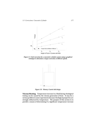 3.5 Corrections: Concentric Cylinder                                        177




                                                                      3




                 Torque

                                                                      2




                                                                      1

            Me

                 Me         Torque Due to Bottom of Bob at
                                                      1      1


                             h1              h2                  h3
                            Height of Fluid in Contact with Bob

 Figure 3.7. End correction for a concentric cylinder system using a graphical
        technique to determine a torque correction at different speeds.




                    Figure 3.8. Mooney-Couette bob design.

Viscous Heating. Temperature increase in a fluid during rheological
testing can be caused by the viscous generation of heat. It may be a
serious problem in some experiments because rheological properties are
strongly influenced by temperature. The purpose of this section is to
provide a means of determining if a significant temperature increase
 