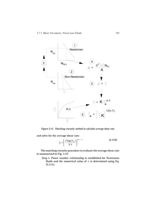 3.7.1 Mixer Viscometry: Power Law Fluids                                               193



                                    1
                                  Newtonian
            N
                Po



                                                        4
     3                NRe,I                                         2
                                                                d           NPo
                                                        =
                                  2
                                                                        A
                         Non-Newtonian
            N
                Po                                      5               =




                                                                            . n-1
                                                                =       K   a
                           K,n
                                                    .                        1/(n-1)
                                                6           =
                                                    a                   K
                              .


   Figure 3.12. Matching viscosity method to calculate average shear rate.

and solve for the average shear rate:
                                        1/(n − 1)                               [3.119]
                     ˙  d Ωρ(NPo ) 
                            2
                     γa =          
                             KA    

    The matching viscosity procedure to evaluate the average shear rate
is summarized in Fig. 3.12:
    Step 1. Power number relationship is established for Newtonian
       fluids and the numerical value of A is determined using Eq.
       [3.111];
 