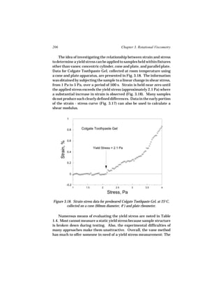 206                                                         Chapter 3. Rotational Viscometry

    The idea of investigating the relationship between strain and stress
to determine a yield stress can be applied to samples held within fixtures
other than vanes: concentric cylinder, cone and plate, and parallel plate.
Data for Colgate Toothpaste Gel, collected at room temperature using
a cone and plate apparatus, are presented in Fig. 3.18. The information
was obtained by subjecting the sample to a linear change in shear stress,
from 1 Pa to 5 Pa, over a period of 500 s. Strain is held near zero until
the applied stress exceeds the yield stress (approximately 2.1 Pa) where
a substantial increase in strain is observed (Fig. 3.18). Many samples
do not produce such clearly defined differences. Data in the early portion
of the strain - stress curve (Fig. 3.17) can also be used to calculate a
shear modulus.

                  1


                  0.8         Colgate Toothpaste Gel


                  0.6
      Strain, %




                                      Yield Stress = 2.1 Pa
                  0.4


                  0.2


                      0


                  -0.2
                          1     1.5         2         2.5         3        3.5        4

                                                Stress, Pa

Figure 3.18. Strain-stress data for presheared Colgate Toothpaste Gel, at 25°C,
         collected on a cone (60mm diameter, 4°) and plate rheometer.

    Numerous means of evaluating the yield stress are noted in Table
1.4. Most cannot measure a static yield stress because sample structure
is broken down during testing. Also, the experimental difficulties of
many approaches make them unattractive. Overall, the vane method
has much to offer someone in need of a yield stress measurement: The
 