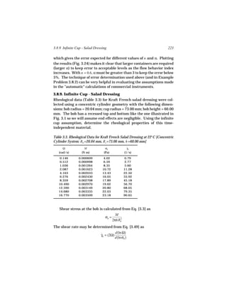 3.8.9 Infinite Cup - Salad Dressing                                        223

which gives the error expected for different values of n and α. Plotting
the results (Fig. 3.24) makes it clear that larger containers are required
(larger α) to keep error to acceptable levels as the flow behavior index
increases. With n = 0.6, α must be greater than 3 to keep the error below
5%. The technique of error determination used above (and in Example
Problem 3.8.2) can be very helpful in evaluating the assumptions made
in the "automatic" calculations of commercial instruments.

3.8.9. Infinite Cup - Salad Dressing
Rheological data (Table 3.3) for Kraft French salad dressing were col-
lected using a concentric cylinder geometry with the following dimen-
sions: bob radius = 20.04 mm; cup radius = 73.00 mm; bob height = 60.00
mm. The bob has a recessed top and bottom like the one illustrated in
Fig. 3.1 so we will assume end effects are negligible. Using the infinite
cup assumption, determine the rheological properties of this time-
independent material.

Table 3.3. Rheological Data for Kraft French Salad Dressing at 22°C [Concentric
Cylinder System: Rb =20.04 mm, Rc=73.00 mm, h =60.00 mm]
      Ω             M             σb               γb
                                                   ˙
   (rad/s)        (N m)          (Pa)            (1/s)
   0.146        0.000609         4.02            0.79
   0.512        0.000998         6.59            2.77
   1.036        0.001264         8.35            5.60
   2.087        0.001623        10.72            11.28
   4.163        0.002033        13.43            22.50
   6.276        0.002430        16.05            33.92
   8.359        0.002708        17.89            45.18
   10.490       0.002970        19.62            56.70
   12.590       0.003149        20.80            68.05
   14.680       0.003335        22.03            79.35
   16.770       0.003509        23.18            90.65



   Shear stress at the bob is calculated from Eq. [3.3] as
                                           M
                                  σb =       2
                                         2πhRb
The shear rate may be determined from Eq. [3.49] as
                                         d(ln Ω)
                               γb = (2Ω)
                               ˙
                                         d(ln σb )
 