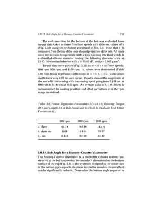 3.8.15 Bob Angle for a Mooney-Couette Viscometer                       233

    The end correction for the bottom of the bob was evaluated from
torque data taken at three fixed bob speeds with different values of h
(Fig. 3.32) using the technique presented in Sec. 3.5. Note that h is
measured from the top of the cone shaped projection of the bob. All tests
were run at room temperature with a Dow Corning 200 fluid which is
a dimethyl-silicone material having the following characteristics at
25°C: Newtonian behavior with µ = 95.63 cP , and ρ = 0.965 g cm-3.
   Torque data were plotted (Fig. 3.32) as M = ah + b at three speeds:
600 rpm, 900 rpm, and 1100 rpm. ho values were determined (Table
3.6) from linear regression coefficients: at M = 0, ho = −b/a . Correlation
coefficients were 0.99 for each curve. Results showed the magnitude of
the end effect increasing with increasing speed going from 0.141 cm at
600 rpm to 0.182 cm at 1100 rpm. An average value of ho = 0.158 cm is
recommended for making practical end effect corrections over the rpm
range considered.



Table 3.6. Linear Regression Parameters (M = ah + b ) Relating Torque
(M ) and Length (h ) of Bob Immersed in Fluid to Evaluate End Effect
Correction (ho )


                  600 rpm         900 rpm          1100 rpm

a , dyne            61.74           92.48           113.72
b , dyne cm          8.68           14.04           20.67
ho , cm             0.141           0.152           0.182




3.8.15. Bob Angle for a Mooney-Couette Viscometer
The Mooney-Couette viscometer is a concentric cylinder system con-
structed so the bob has a conical bottom which almost touches the bottom
surface of the cup (Fig. 3.8). If the system is designed so the shear rate
in the bottom gap is equal to the shear rate in the annulus, the end effect
can be significantly reduced. Determine the bottom angle required to
 