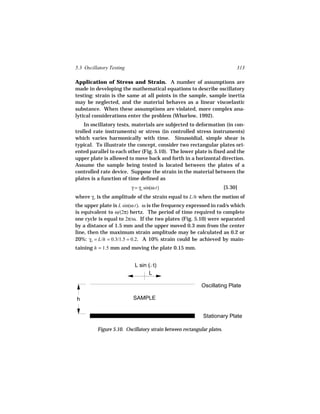 5.3 Oscillatory Testing                                                      313

Application of Stress and Strain. A number of assumptions are
made in developing the mathematical equations to describe oscillatory
testing: strain is the same at all points in the sample, sample inertia
may be neglected, and the material behaves as a linear viscoelastic
substance. When these assumptions are violated, more complex ana-
lytical considerations enter the problem (Whorlow, 1992).
    In oscillatory tests, materials are subjected to deformation (in con-
trolled rate instruments) or stress (in controlled stress instruments)
which varies harmonically with time. Sinusoidial, simple shear is
typical. To illustrate the concept, consider two rectangular plates ori-
ented parallel to each other (Fig. 5.10). The lower plate is fixed and the
upper plate is allowed to move back and forth in a horizontal direction.
Assume the sample being tested is located between the plates of a
controlled rate device. Suppose the strain in the material between the
plates is a function of time defined as
                          γ = γo sin(ω t)                               [5.30]
where γo is the amplitude of the strain equal to L/h when the motion of
the upper plate is L sin(ω t). ω is the frequency expressed in rad/s which
is equivalent to ω/(2π) hertz. The period of time required to complete
one cycle is equal to 2π/ω. If the two plates (Fig. 5.10) were separated
by a distance of 1.5 mm and the upper moved 0.3 mm from the center
line, then the maximum strain amplitude may be calculated as 0.2 or
20%: γo = L/h = 0.3/1.5 = 0.2. A 10% strain could be achieved by main-
taining h = 1.5 mm and moving the plate 0.15 mm.


                           L sin ( t)
                                 L

                                                           Oscillating Plate

h                          SAMPLE


                                                           Stationary Plate

          Figure 5.10. Oscillatory strain between rectangular plates.
 