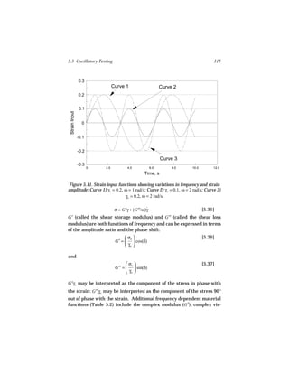 5.3 Oscillatory Testing                                                             315



                0.3
                                 Curve 1                     Curve 2
                0.2


                0.1
 Strain Input




                  0


                -0.1


                -0.2
                                                             Curve 3
                -0.3
                       0   2.0           4.0           6.0        8.0   10.0        12.0
                                                  Time, s

 Figure 5.11. Strain input functions showing variations in frequency and strain
amplitude: Curve 1) γo = 0.2, ω = 1 rad/s; Curve 2) γo = 0.1, ω = 2 rad/s; Curve 3)
                              γo = 0.2, ω = 2 rad/s.

                                  σ = G′γ + (G′′/ω)γ
                                                   ˙                           [5.35]
G′ (called the shear storage modulus) and G′′ (called the shear loss
modulus) are both functions of frequency and can be expressed in terms
of the amplitude ratio and the phase shift:
                                        σo                                   [5.36]
                                  G′ =   cos(δ)
                                        γo 

and
                                         σo                                  [5.37]
                                  G′′ =   sin(δ)
                                         γo 

G′γo may be interpreted as the component of the stress in phase with
the strain: G′′γo may be interpreted as the component of the stress 90°
out of phase with the strain. Additional frequency dependent material
functions (Table 5.2) include the complex modulus (G *), complex vis-
 