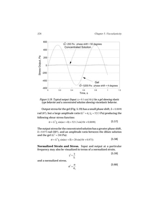 326                                                                              Chapter 5. Viscoelasticity


                      600
                                                G*= 200 Pa : phase shift = 50 degrees
                                                 Concentrated Solution
                      400
 Stress Output, Pa




                      200


                        0


                     -200


                     -400
                                                                                 Gel
                                                                   *
                                                                  G = 5200 Pa : phase shift = 4 degrees
                     -600
                            0             0.2          0.4           0.6         0.8         1            1.2
                                                                  Time, s

        Figure 5.19. Typical output (Input: γ = 0.1 sin(10t)) for a gel showing elastic
          type behavior and a concentrated solution showing viscoelastic behavior.

                     Output stress for the gel (Fig. 5.19) has a small phase shift, δ = 0.0698
rad (4°), but a large amplitude ratio (G * = σo /γo = 5213 Pa) producing the
following shear stress function:
                                σ = G *γo sin(ω t + δ) = 521.3 sin(10t + 0.0698)                 [5.57]

The output stress for the concentrated solution has a greater phase shift,
δ = 0.873 rad (50°), and an amplitude ratio between the dilute solution
and the gel (G * = 200 Pa):
                                  σ = G *γo sin(ω t + δ) = 20 sin(10t + 0.873)                   [5.58]

Normalized Strain and Stress. Input and output at a particular
frequency may also be visualized in terms of a normalized strain,
                                                             γ                                   [5.59]
                                                     γ* =
                                                             γo
and a normalized stress,
                                                             σ                                   [5.60]
                                                    σ* =
                                                             σo
 