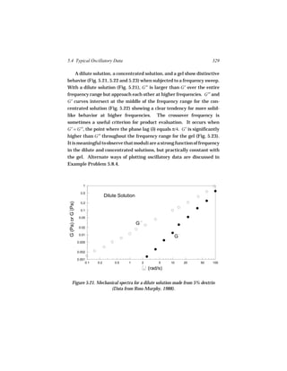 5.4 Typical Oscillatory Data                                                            329

     A dilute solution, a concentrated solution, and a gel show distinctive
behavior (Fig. 5.21, 5.22 and 5.23) when subjected to a frequency sweep.
With a dilute solution (Fig. 5.21), G′′ is larger than G′ over the entire
frequency range but approach each other at higher frequencies. G′′ and
G′ curves intersect at the middle of the frequency range for the con-
centrated solution (Fig. 5.22) showing a clear tendency for more solid-
like behavior at higher frequencies. The crossover frequency is
sometimes a useful criterion for product evaluation. It occurs when
G′ = G′′, the point where the phase lag (δ) equals π/4. G′ is significantly
higher than G′′ throughout the frequency range for the gel (Fig. 5.23).
It is meaningful to observe that moduli are a strong function of frequency
in the dilute and concentrated solutions, but practically constant with
the gel. Alternate ways of plotting oscillatory data are discussed in
Example Problem 5.8.4.



                        1

                      0.5
                                     Dilute Solution
 G (Pa) or G (Pa)




                      0.2

                      0.1

                     0.05
                                                       G
                     0.02

                     0.01
                                                                          G
                    0.005


                    0.002

                    0.001
                         0.1   0.2        0.5    1         2        5    10   20   50   100
                                                               (rad/s)


        Figure 5.21. Mechanical spectra for a dilute solution made from 5% dextrin
                           (Data from Ross-Murphy, 1988).
 