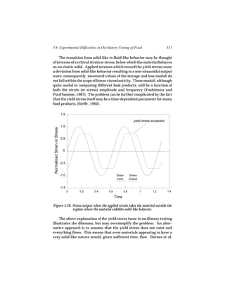 5.6 Experimental Difficulties in Oscillatory Testing of Food                                        337

     The transition from solid-like to fluid-like behavior may be thought
of in terms of a critical strain or stress, below which the material behaves
as an elastic solid. Applied stresses which exceed the yield stress cause
a deviation from solid-like behavior resulting in a non-sinusoidal output
wave; consequently, measured values of the storage and loss moduli do
not fall within the scope of linear viscoelasticity. These moduli, although
quite useful in comparing different food products, will be a function of
both the strain (or stress) amplitude and frequency (Yoshimura and
Purd’homme, 1987). The problem can be further complicated by the fact
that the yield stress itself may be a time-dependent parameter for many
food products (Steffe, 1992).

                               1.5

                                                                            yield stress exceeded
                               1.0
 Normalized Strain or Stress




                               0.5


                                 0



                               -0.5


                               -1.0                          Strain      Stress
                                                             Input       Output


                               -1.5
                                      0   0.2   0.4   0.6          0.8            1      1.2        1.4

                                                            Time

Figure 5.26. Stress output when the applied strain takes the material outside the
             regime where the material exhibits solid-like behavior.

    The above explanation of the yield stress issue in oscillatory testing
illustrates the dilemma, but may oversimplify the problem. An alter-
native approach is to assume that the yield stress does not exist and
everything flows. This means that even materials appearing to have a
very solid-like nature would, given sufficient time, flow. Barnes et al.
 