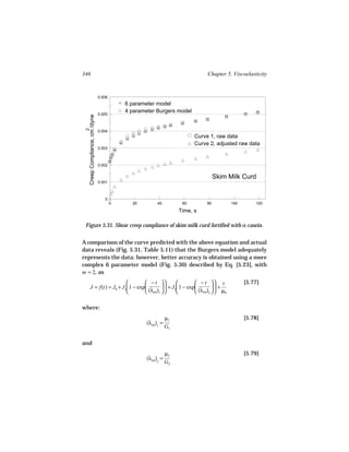 346                                                                            Chapter 5. Viscoelasticity


                               0.006
                                           6 parameter model
                                           4 parameter Burgers model
                               0.005
  Creep Compliance, cm /dyne
 2




                               0.004
                                                                          Curve 1, raw data
                                                                          Curve 2, adjusted raw data
                               0.003



                               0.002


                                                                                    Skim Milk Curd
                               0.001



                                  0
                                       0     20          40          60        80         100       120

                                                                    Time, s

 Figure 5.31. Shear creep compliance of skim milk curd fortified with α-casein.


A comparison of the curve predicted with the above equation and actual
data reveals (Fig. 5.31, Table 5.11) that the Burgers model adequately
represents the data; however, better accuracy is obtained using a more
complex 6 parameter model (Fig. 5.30) described by Eq. [5.23], with
m = 2, as
                                − t                    − t  t                           [5.77]
     J = f(t) = J0 + J1 1 − exp           + J  1 − exp          +
                                (λret)1   2            (λret)2   µ0

where:
                                                               µ1                               [5.78]
                                                   (λret)1 =
                                                               G1

and
                                                               µ2                               [5.79]
                                                   (λret)2 =
                                                               G2
 