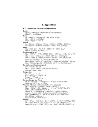 6. Appendices
6.1. Conversion Factors and SI Prefixes
Density
   1 g cm-3 = 1000 kg m-3 = 62.428 lbm ft-3 = 0.0361 lbm in-3
   1 lbm ft-3 = 16.0185 kg m-3
Force
   1 N = 1 kg m s-2 = 105 dyne = 0.22481 lbf = 0.102 kgf
   1 lbf = 4.448 N = 0.4536 kgf
   1 dyne = 1 g cm s-2 = 10-5 N
Length
   1 m = 100 cm = 1000 mm = 106 µm = 3.2808 ft = 39.37 in = 1.0936 yd
   1 in = 2.54 cm = 25.40 mm = 0.0254 m = 0.0833 ft = 0.02778 yd
Power
   1 hp = 550 ft lbf s-1 = 745.70 W = 0.7457 kW = 0.7068 Btu s-1
   1 Btu hr-1 = 0.2931 W = 0.2931 J s-1
Pressure and Stress
   1 bar = 105 N m-2 = 105 Pa = 14.5038 lbf in-2 = 0.987 atm = 10.2 m H2O at 4°C
   1 Pa = 1 N m-2 = 10 dyne cm-2 = 9.8692 (10-6) atm = 0.1020 kgf m-2
   1 lbf in-2 = 6895 Pa = 6.804 (10-2)atm = 6.895 kPa = 2.307 ft H2O at 4°C
   1 dyne cm-2 = 0.10 Pa = 10 -6 bar = 0.987 (10-6) atm
   1 atm = 1.01325 (105) N m-2 = 101.325 kPa = 14.696 psi = 1.013 bar = 760 torr
   1 atm = 760 mm Hg at 0°C = 33.90 ft H2O at 4°C = 1.013 (106) dyne cm-2
Revolution and Rotational Speed
   1 rev = 1 cycle = 2 π rad
   1 Hz = 1 cycle/s = 1 rev/s = 2 π rad/s = 6.283 rad/s
   1 rev/min = 0.1047 rad/s
Temperature
   TKelvin = TCelsius + 273.15
   TKelvin = (TFahrenheit + 459.67) / 1.8
   TFahrenheit = 1.8 TCelsius + 32
   TCelsius = (TFahrenheit - 32) / 1.8
Torque, Energy, and Work
   1 N m = 100 N cm = 1 J = 1 kg m2 s-2 = 107 dyne cm = 8.85 in lbf
   1 dyne cm = 10-7 N m = 10-5 N cm
Viscosity (Absolute or Dynamic, followed by Kinematic)
   1 P = 1 dyne s cm-2 = 0.1 Pa s = 100 cP = 100 mPa s
   1 Pa s = 1000 cP = 10 P = 1 kg m-1 s-1 = 1 N s m-2 = 0.67197 lbm ft-1 s-1
   1 cP = 1 mPa s = 0.001 Pa s = 0.01 P
   1 lbm ft-1 s-1 = 1.4882 kg m-1s-1 = 1488.2 cP = 2.0885 (10-2) lbf s ft-2
   kinematic viscosity (cSt) = absolute viscosity (cP) / density (g cm-3)
   1 cSt = 0.000001 m2 s-1 = 1 mm2 s-1 = 5.58001 in2 hr-1 = 0.00155 in2 s-1
   1 St = 100 cSt = 0.0001 m2 s-1
   1 m2 s-1 = 10-5 cSt = 10.7639 ft2 s-1
Volume
   1 m3 = 106 cm3 = 103 L (liter) = 264.17 gal (US) = 35.315 ft3 = 219.97 gal (UK)
   1 ft 3 = 0.028317 m3 = 7.481 gal (US) = 28.317 L = 6.2288 gal(UK)
   1 gal (US) = 4 qt = 3.7854 L = 3785.4 cm3 = 0.8327 gal (UK) = 0.003785 m3
 