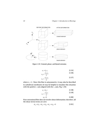 44                                                Chapter 1. Introduction to Rheology


                          BEFORE DEFORMATION               AFTER DEFORMATION



           x
               2


                                                           uniaxial extension


                            x
                                1

     x3


                                                           planar extension


           z


                      r

                                                           biaxial extension


               Figure 1.24. Uniaxial, planar, and biaxial extension.


                           u1 = εh x1
                                ˙                              [1.55]
                               − εh x2
                                  ˙                            [1.56]
                         u2 =
                                   2
                               − εh x3
                                  ˙                            [1.57]
                         u3 =
                                   2
where εh > 0. Since this flow is axisymmetric, it may also be described
      ˙
in cylindrical coordinates (it may be helpful to visualize this situation
with the positive z axis aligned with the x1 axis, Fig. 1.24):
                                     uz = εh z
                                          ˙                                     [1.58]
                                         − εh r
                                            ˙                                   [1.59]
                                    ur =
                                            2
                                      uθ = 0                                    [1.60]
Pure extensional flow does not involve shear deformation; therefore, all
the shear stress terms are zero:
                   σ12 = σ13 = σ23 = σrθ = σrz = σzθ = 0                        [1.61]
 