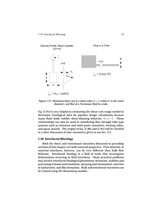 1.10 Interfacial Rheology                                               53



 Velocity Profile: Mixer Impeller              Flow in a Tube
             (D>>d)



                                                                      R
                                                       Pump
                          u=0


                                        ub                       3
                                                      = (4 Q)/( R )
                                u b/2           max

      b

                d


          max
                = (ub/2 - u b
                            )/(b/2)


Figure 1.27. Maximum shear rate in a mixer when D d (where D is the vessel
              diameter), and flow of a Newtonian fluid in a tube.

Eq. [1.91] is very helpful in estimating the shear rate range needed to
determine rheological data for pipeline design calculations because
many fluid foods exhibit shear-thinning behavior, 0 < n < 1. These
relationships can also be used in considering flow through tube type
systems such as ointment and tooth paste containers, frosting tubes,
and spray nozzels. The origins of Eq. [1.90] and [1.91] will be clarified
in a later discussion of tube viscometry given in see Sec. 2.2.

1.10. Interfacial Rheology
    Both the shear and extensional viscosities discussed in preceding
sections of this chapter are bulk material properties. Flow behavior at
material interfaces, however, can be very different than bulk flow
behavior. Interfacial rheology is a field of study that investigates
deformations occurring at fluid interfaces. Many practical problems
may involve interfacial rheological phenomena: formation, stability and
processing of foams and emulsions; spraying and atomization; selection
of surfactants; and film formation. Bulk and interfacial viscosities can
be related using the Boussinesq number:
 