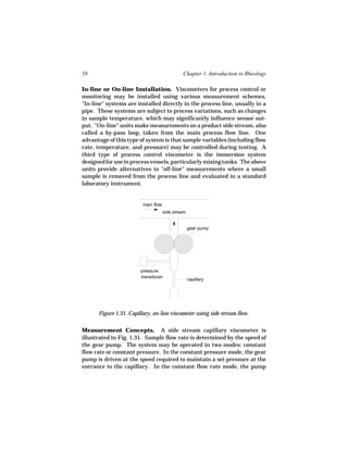 58                                            Chapter 1. Introduction to Rheology

In-line or On-line Installation. Viscometers for process control or
monitoring may be installed using various measurement schemes.
"In-line" systems are installed directly in the process line, usually in a
pipe. These systems are subject to process variations, such as changes
in sample temperature, which may significantly influence sensor out-
put. "On-line" units make measurements on a product side stream, also
called a by-pass loop, taken from the main process flow line. One
advantage of this type of system is that sample variables (including flow
rate, temperature, and pressure) may be controlled during testing. A
third type of process control viscometer is the immersion system
designed for use in process vessels, particularly mixing tanks. The above
units provide alternatives to "off-line" measurements where a small
sample is removed from the process line and evaluated in a standard
laboratory instrument.


                         main flow
                                     side stream


                                                   gear pump




                        pressure
                        transducer
                                                   capillary




      Figure 1.31. Capillary, on-line viscometer using side stream flow.

Measurement Concepts. A side stream capillary viscometer is
illustrated in Fig. 1.31. Sample flow rate is determined by the speed of
the gear pump. The system may be operated in two modes: constant
flow rate or constant pressure. In the constant pressure mode, the gear
pump is driven at the speed required to maintain a set pressure at the
entrance to the capillary. In the constant flow rate mode, the pump
 