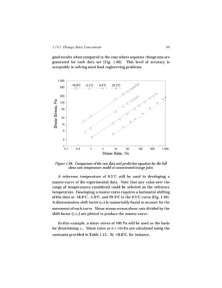 1.14.5 Orange Juice Concentrate                                                       89

good results when compared to the case where separate rheograms are
generated for each data set (Fig. 1.46). This level of accuracy is
acceptable in solving most food engineering problems.


                    1,000
                              -18.8 C   -5.4 C   9.5 C   29.3 C
                     500


                     200
 Shear Stress, Pa




                     100

                      50


                      20

                      10

                       5


                       2

                       1
                        0.1      0.3       1      3       10      30   100   300   1,000
                                                   Shear Rate, 1/s

     Figure 1.48. Comparison of the raw data and prediction equation for the full
              shear rate-temperature model of concentrated orange juice.

                    A reference temperature of 9.5°C will be used in developing a
master-curve of the experimental data. Note that any value over the
range of temperatures considered could be selected as the reference
temperature. Developing a master curve requires a horizontal shifting
of the data at -18.8°C, -5.4°C, and 29.3°C to the 9.5°C curve (Fig. 1.46).
A dimensionless shift factor (aT ) is numerically found to account for the
movement of each curve. Shear stress versus shear rate divided by the
shift factor (γ /aT ) are plotted to produce the master-curve.
              ˙

    In this example, a shear stress of 100 Pa will be used as the basis
for determining aT . Shear rates at σ = 100 Pa are calculated using the
constants provided in Table 1.12. At -18.8°C, for instance,
 