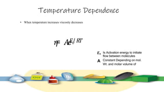 Temperature Dependence
• When temperature increases viscosity decreases
𝜂
= 𝐴𝑒
𝐸𝑣
/ 𝑅𝑇
Is Activation energy to initiate
flow between molecules
Constant Depending on mol.
Wt. and molar volume of
A
 