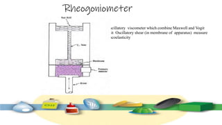 Rheogoniometer
•
Oscillatory viscometer which combine Maxwell and Vogit
unit Oscillatory shear (in membrane of apparatus) measure
viscoelasticity
 