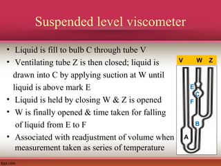 Suspended level viscometer
• Liquid is fill to bulb C through tube V
• Ventilating tube Z is then closed; liquid is
drawn into C by applying suction at W until
liquid is above mark E
• Liquid is held by closing W & Z is opened
• W is finally opened & time taken for falling
of liquid from E to F
• Associated with readjustment of volume when
measurement taken as series of temperature
V W Z
E
C
F
B
A
 