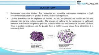 • Substances possessing dilatant flow properties are invariably suspensions containing a high
concentration (about 50% or greater) of small, deflocculated particles.
• Dilatant behaviour can be explained as follows. At rest, the particles are closely packed with
minimal inter-particle volume (voids). The amount of vehicle in the suspension is sufficient,
however, to fill voids and permits particles to move relative to one another at low rates of shear.
Thus, a dilatant suspension can be poured from a bottle because under these conditions it is
reasonably fluid.
15
www.medacademy.org.in
DILATANT FLOW
 