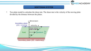 • Two-plate model to calculate the shear rate. The shear rate is the velocity of the moving plate
divided by the distance between the plates.
7
www.medacademy.org.in
NEWTONIAN SYSTEM
 