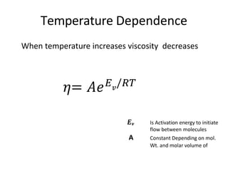 Temperature Dependence
Is Activation energy to initiate
flow between molecules
A Constant Depending on mol.
Wt. and molar volume of
𝜂= 𝐴𝑒 𝐸 𝑣
/𝑅𝑇
When temperature increases viscosity decreases
 
