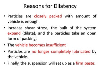Reasons for Dilatency
• Particles are closely packed with amount of
vehicle is enough.
• Increase shear stress, the bulk of the system
expand (dilate), and the particles take an open
form of packing.
• The vehicle becomes insufficient
• Particles are no longer completely lubricated by
the vehicle.
• Finally, the suspension will set up as a firm paste.
 