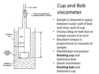 Cup and Bob
viscometer
• Sample is sheared in space
between outer wall of bob
and inner wall of cup
• Viscous drag on bob due to
sample causes it to turn
• Resultant torque is
proportional to viscosity of
sample
• MacMichael viscometer:
Rotating cup and
stationary bob
• Searle viscometer:
Rotating bob and
stationary cup
 