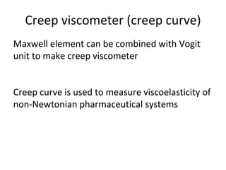 Creep viscometer (creep curve)
Maxwell element can be combined with Vogit
unit to make creep viscometer
Creep curve is used to measure viscoelasticity of
non-Newtonian pharmaceutical systems
 