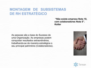 “Não existe empresa Nota 10,
com colaboradores Nota 5”.
Kotler
MONTAGEM DE SUBSISTEMAS
DE RH ESTRATÉGICO
As pessoas são a base do Sucesso de
uma Organização. As empresas podem
conquistar resultados extraordinários,
trabalhando-se de maneira estratégica o
seu principal patrimônio (Colaboradores).
 