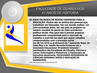 FACULDADE DE GUARULHOS
                 41 ANOS DE HISTORIA
    41 ANOS EM BUSCA DE NOVOS CAMINHOS PARA A
       EDUCAÇÃO. Muitos são os sonhos das pessoas que
•      trabalham em Educação. Ver um mundo melhor, ver
       uma sociedade justa, ver seu país se projetar no
       cenário mundial do ponto de vista econômico-
       político-social. Mas para isto é preciso preparar
       profissionais competentes para o mercado de
       trabalho e exercitá-los para que sejam cidadãos
       comprometidos com o processo social.
         Em 28/10/1970 os professores Dr.ª Aparecida Najar, Dr.
         Celso Piva e Dr. Adolfo Noronha fundaram em a
         Associação Educacional "Presidente Kennedy",
         mantenedora das Faculdades de Filosofia, Ciências e
         Letras; Enfermagem e Obstetrícia; e Fisioterapia de
         Guarulhos atualmente, FACULDADES INTEGRADAS DE
         CIÊNCIAS HUMANAS, SAÚDE E EDUCAÇÃO DE
         GUARULHOS.
    fonte: http://www.fg.edu.br/apresentacao.html
 