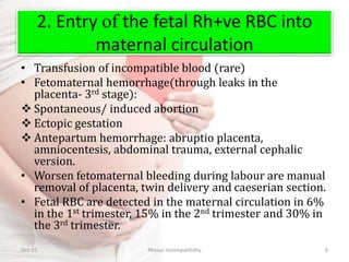 2. Entry of the fetal Rh+ve RBC into
maternal circulation
• Transfusion of incompatible blood (rare)
• Fetomaternal hemorrhage(through leaks in the
placenta- 3rd stage):
 Spontaneous/ induced abortion
 Ectopic gestation
 Antepartum hemorrhage: abruptio placenta,
amniocentesis, abdominal trauma, external cephalic
version.
• Worsen fetomaternal bleeding during labour are manual
removal of placenta, twin delivery and caeserian section.
• Fetal RBC are detected in the maternal circulation in 6%
in the 1st trimester, 15% in the 2nd trimester and 30% in
the 3rd trimester.
Oct-15 Rhesus Incompatibility 6
 