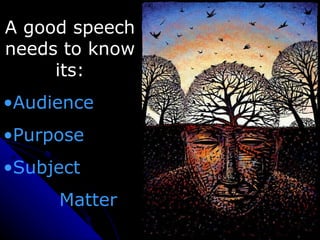 A good speech needs to know its: Audience Purpose  Subject Matter 