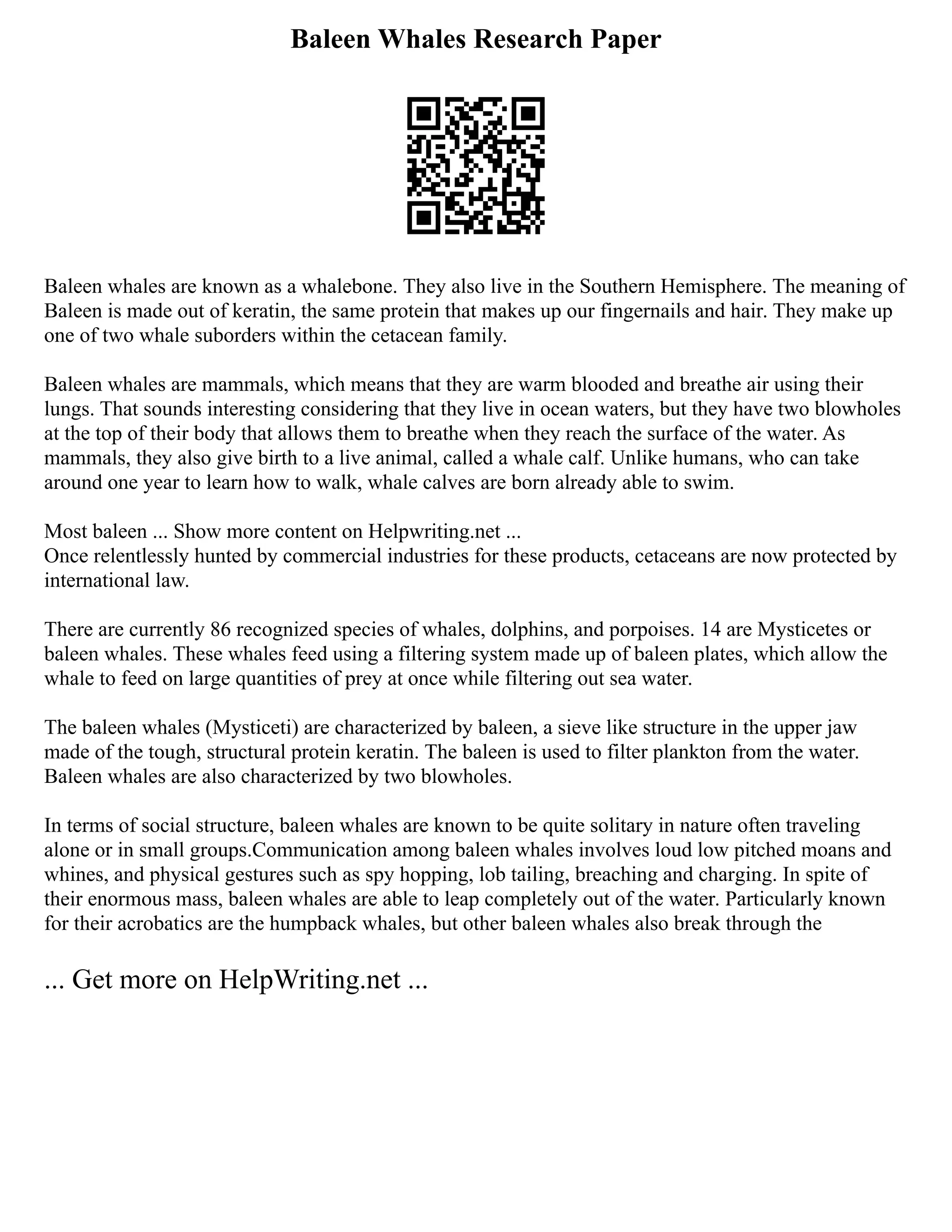 Baleen Whales Research Paper
Baleen whales are known as a whalebone. They also live in the Southern Hemisphere. The meaning of
Baleen is made out of keratin, the same protein that makes up our fingernails and hair. They make up
one of two whale suborders within the cetacean family.
Baleen whales are mammals, which means that they are warm blooded and breathe air using their
lungs. That sounds interesting considering that they live in ocean waters, but they have two blowholes
at the top of their body that allows them to breathe when they reach the surface of the water. As
mammals, they also give birth to a live animal, called a whale calf. Unlike humans, who can take
around one year to learn how to walk, whale calves are born already able to swim.
Most baleen ... Show more content on Helpwriting.net ...
Once relentlessly hunted by commercial industries for these products, cetaceans are now protected by
international law.
There are currently 86 recognized species of whales, dolphins, and porpoises. 14 are Mysticetes or
baleen whales. These whales feed using a filtering system made up of baleen plates, which allow the
whale to feed on large quantities of prey at once while filtering out sea water.
The baleen whales (Mysticeti) are characterized by baleen, a sieve like structure in the upper jaw
made of the tough, structural protein keratin. The baleen is used to filter plankton from the water.
Baleen whales are also characterized by two blowholes.
In terms of social structure, baleen whales are known to be quite solitary in nature often traveling
alone or in small groups.Communication among baleen whales involves loud low pitched moans and
whines, and physical gestures such as spy hopping, lob tailing, breaching and charging. In spite of
their enormous mass, baleen whales are able to leap completely out of the water. Particularly known
for their acrobatics are the humpback whales, but other baleen whales also break through the
... Get more on HelpWriting.net ...
 