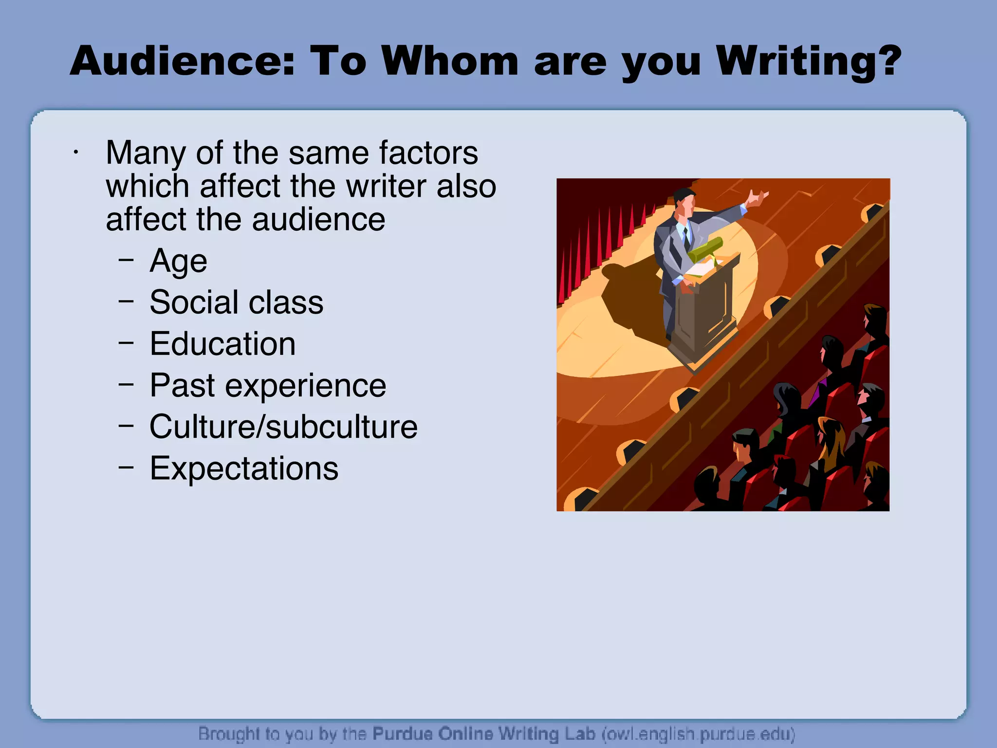 Audience: To Whom are you Writing? Many of the same factors which affect the writer also affect the audience Age Social class Education Past experience Culture/subculture Expectations 