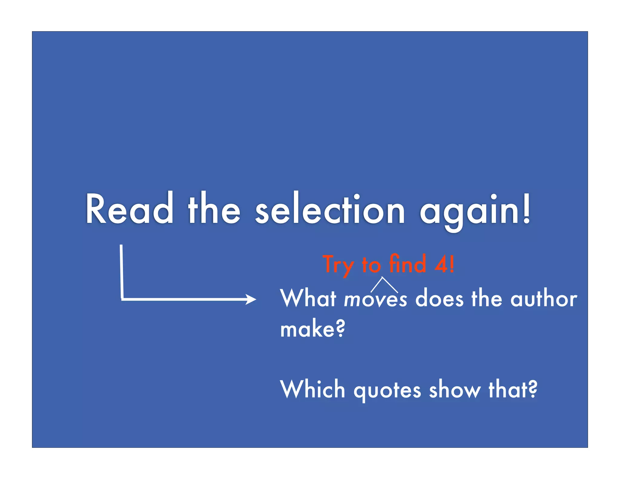 Read the selection again!
Try to find 4!
What moves does the author
make?
Which quotes show that?