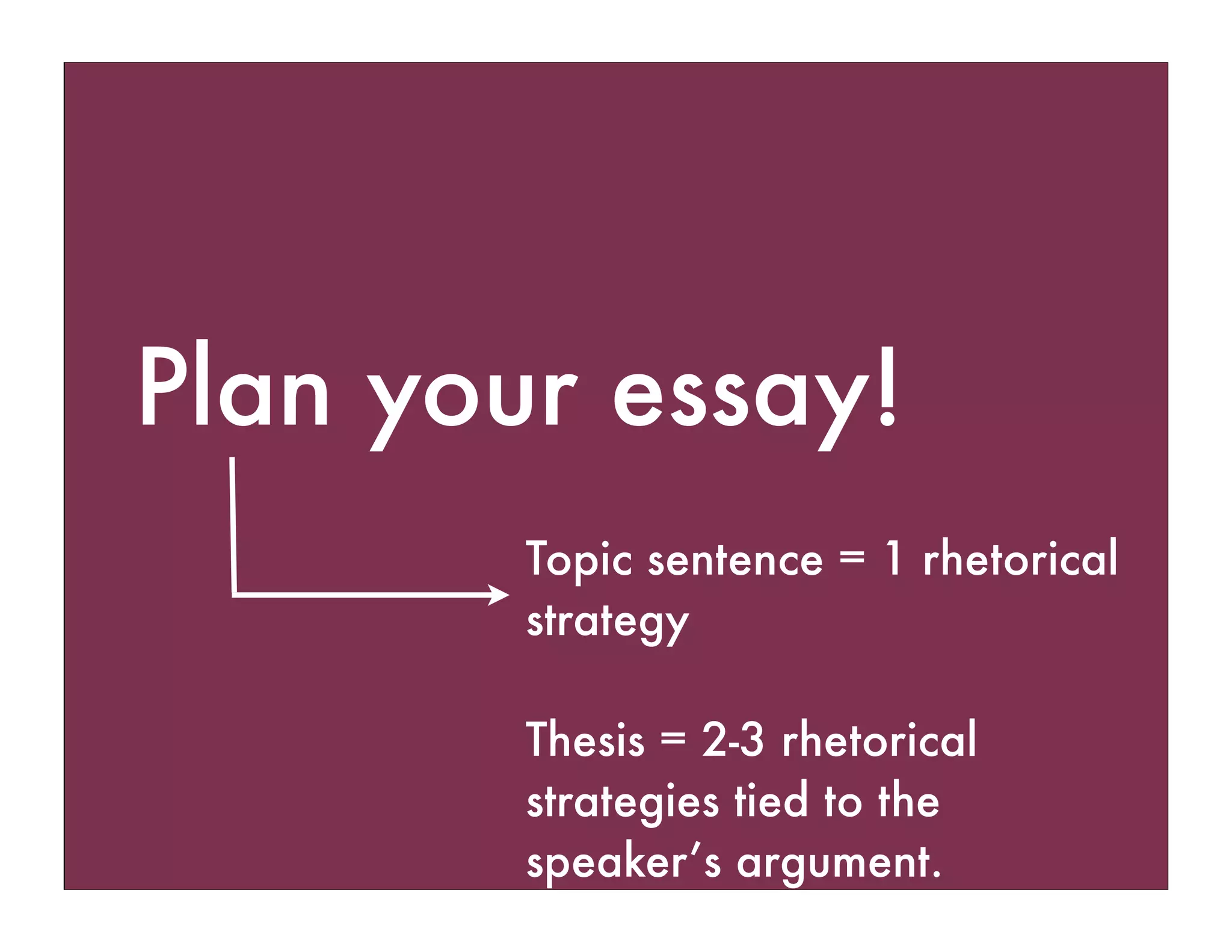 Plan your essay!
Topic sentence = 1 rhetorical
strategy
Thesis = 2-3 rhetorical
strategies tied to the
speaker’s argument.