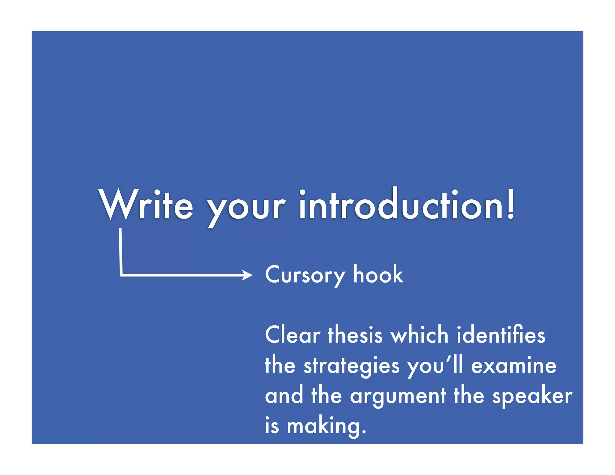 Write your introduction!
Cursory hook
Clear thesis which identifies
the strategies you’ll examine
and the argument the speaker
is making.