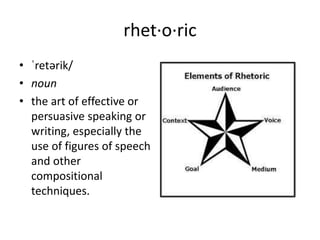 rhet·o·ric
• ˈretərik/
• noun
• the art of effective or
persuasive speaking or
writing, especially the
use of figures of speech
and other
compositional
techniques.
 