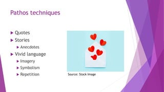 Pathos techniques
 Quotes
 Stories
 Anecdotes
 Vivid language
 Imagery
 Symbolism
 Repetition Source: Stock Image
 